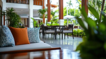 Obraz premium Elegant lobby at a beachfront resort features open walls and natural light, creating a serene atmosphere with lush tropical decor