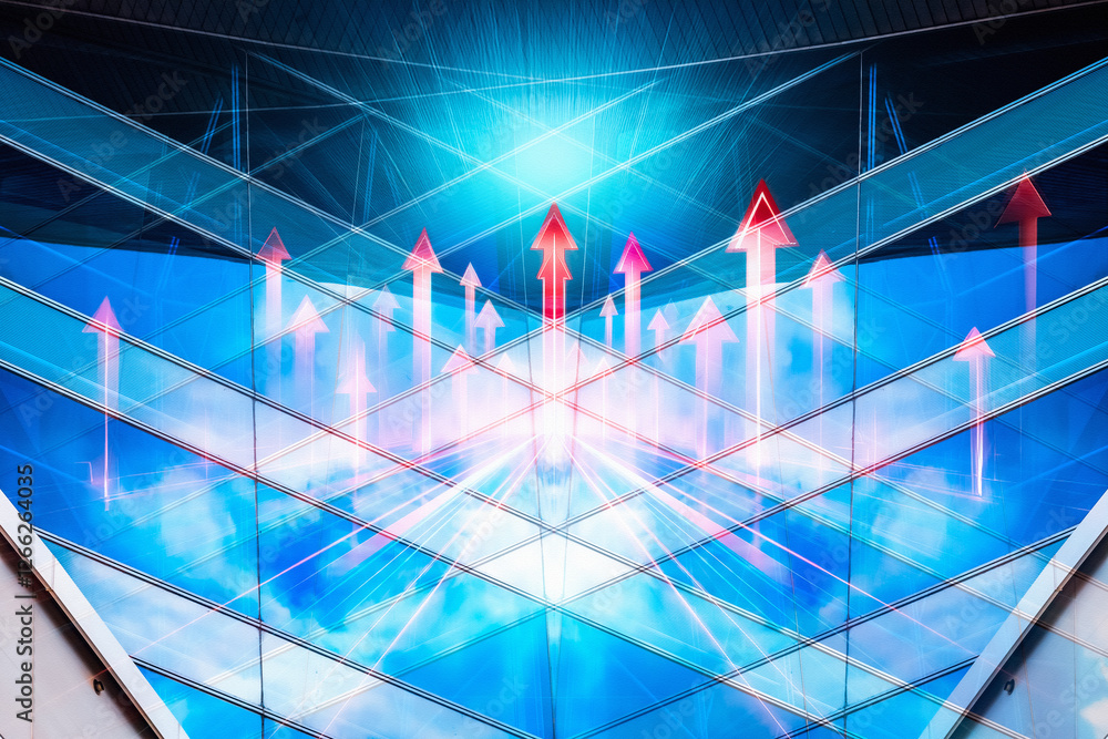 Poster modern hong kong business concept showcasing upward moving red arrows against a backdrop of reflecti