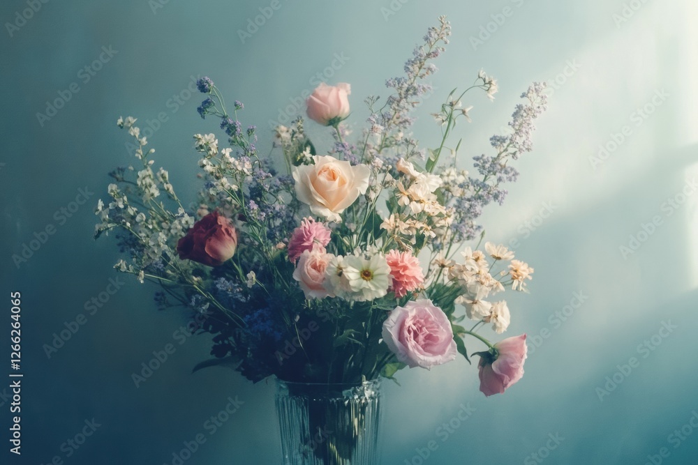 Poster colorful bouquet of assorted flowers in a clear glass vase illuminated by soft light in a tranquil i
