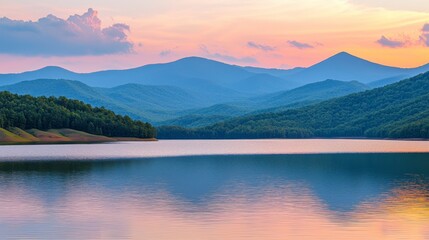 Serene Mountain Landscape with Calm Lake and Colorful Sunset Reflections in Tranquil Nature Setting