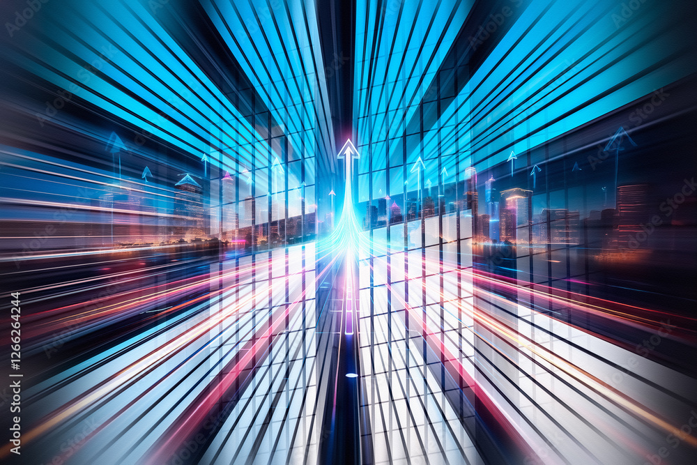 Poster futuristic business concept in hong kong. dynamic light streaks and upward arrows convey growth in a