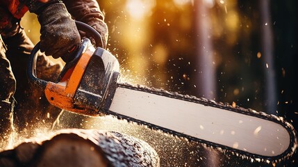 Naklejka premium Lumberjack Using Chainsaw to Cut Wood