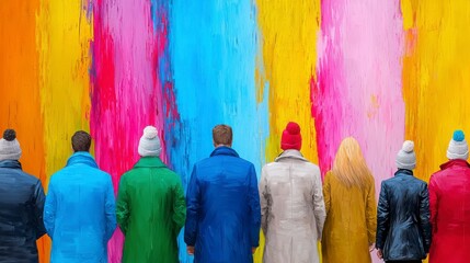 Naklejka premium A vibrant wall of colorful paint contrasts with a group of people in stylish coats, creating a dynamic and cheerful urban scene.