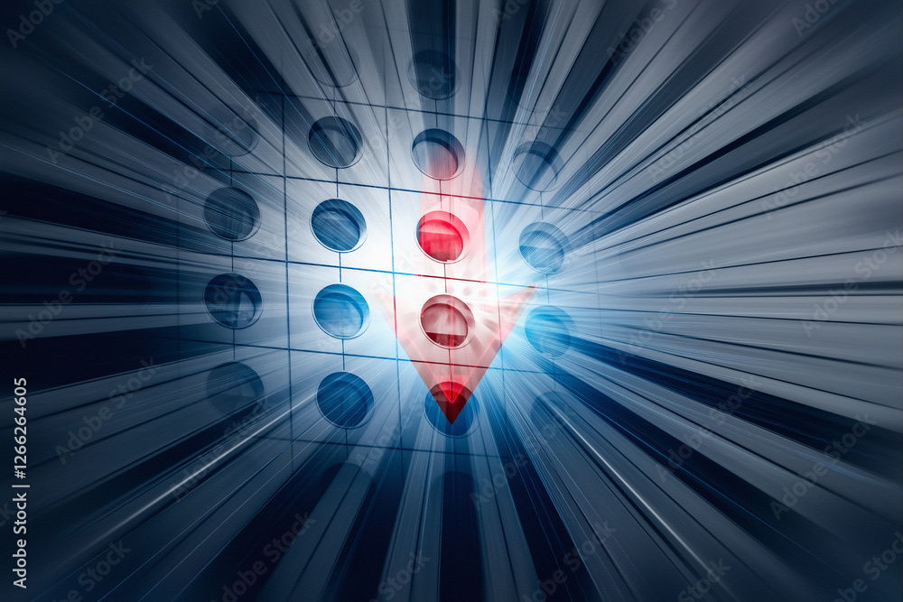 Poster A conceptual image of business in Hong Kong. A red arrow points downwards on a grid with a zoom effect, suggesting market trends.