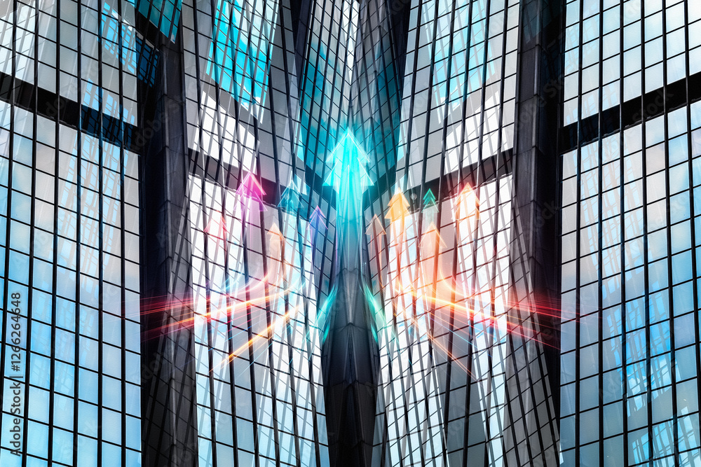 Aufkleber Modern skyscrapers in Hong Kong with vibrant arrows pointing upwards.  A concept image representing business growth and financial success in a bustling urban center.