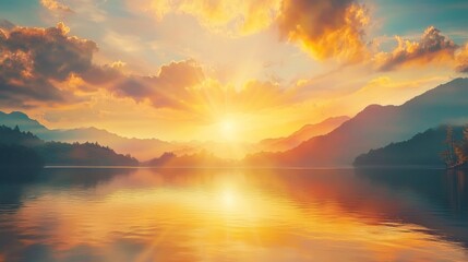 Serene Sunset Over Calm Lake with Mountains in Background Creating a Tranquil Natural Landscape Scene