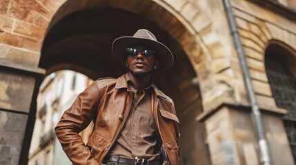 Naklejka premium stylish man in brown leather jacket and fedora hat