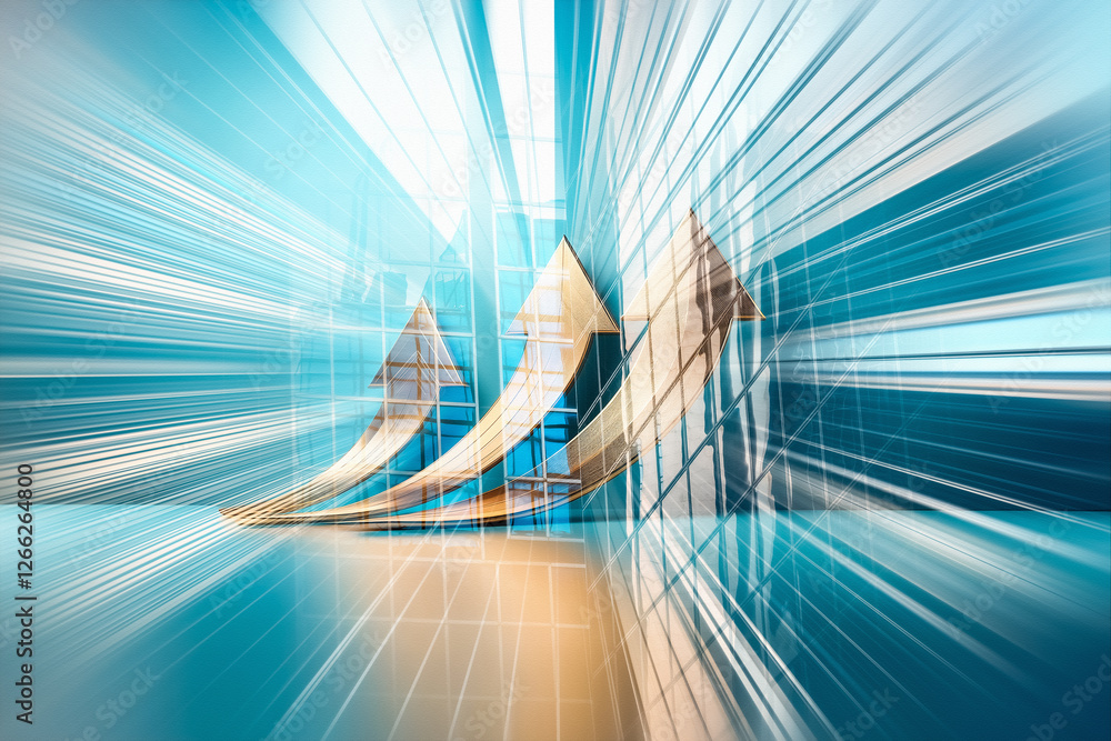 Poster arrows point upwards, symbolizing business growth and progress in a fast-paced, futuristic concept e