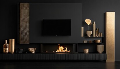 Modern living room with fireplace, TV, and gold accents