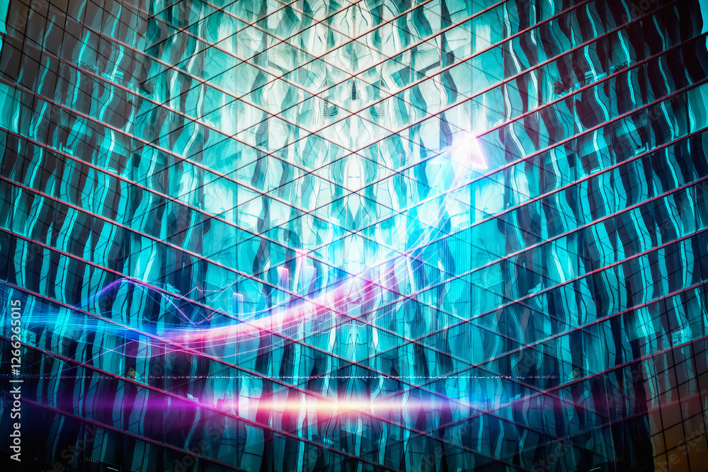 Aufkleber Abstract concept of a modern business building facade in Hong Kong. Reflective glass and light flares create a dynamic urban and futuristic scene.