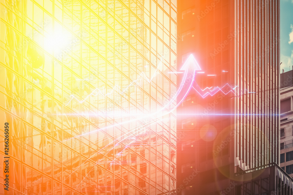 Poster conceptual business growth in hong kong. upward arrow overlay on modern architecture with bright sun