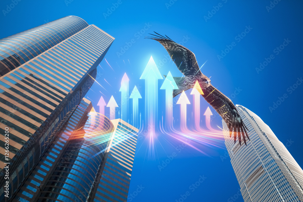 Poster business concept in hong kong. eagle soars between skyscrapers with upward arrows, representing busi
