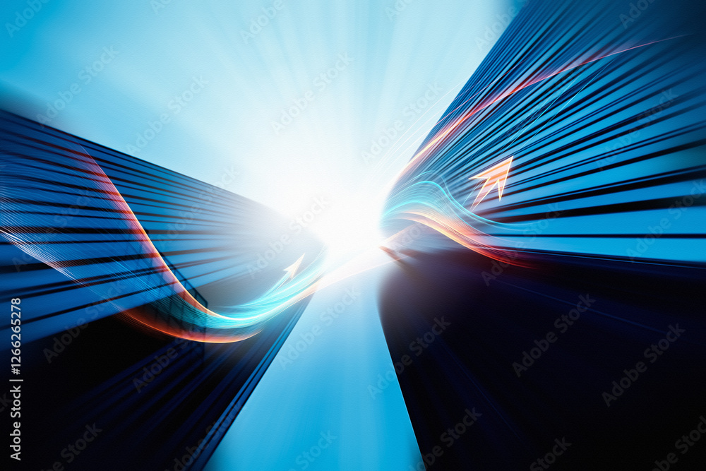 Poster dynamic concept for business expansion in hong kong. abstract blue and orange lines converge towards