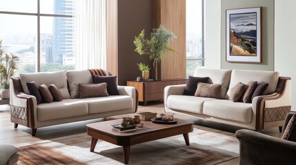 Fototapeta premium Modern Living Room Furniture Set With City View