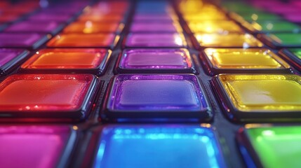 Colorful glossy square tiles, vibrant rainbow colors, backlit effect, abstract pattern