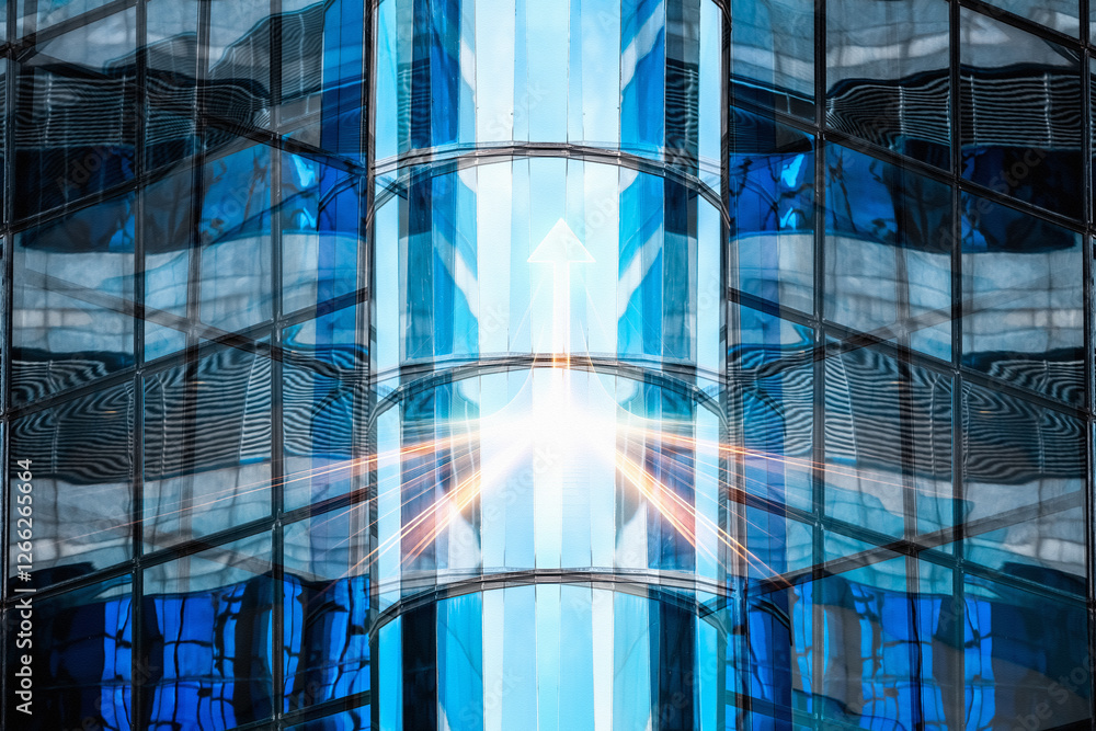 Poster abstract concept of business in hong kong, featuring modern blue glass architecture with light rays 