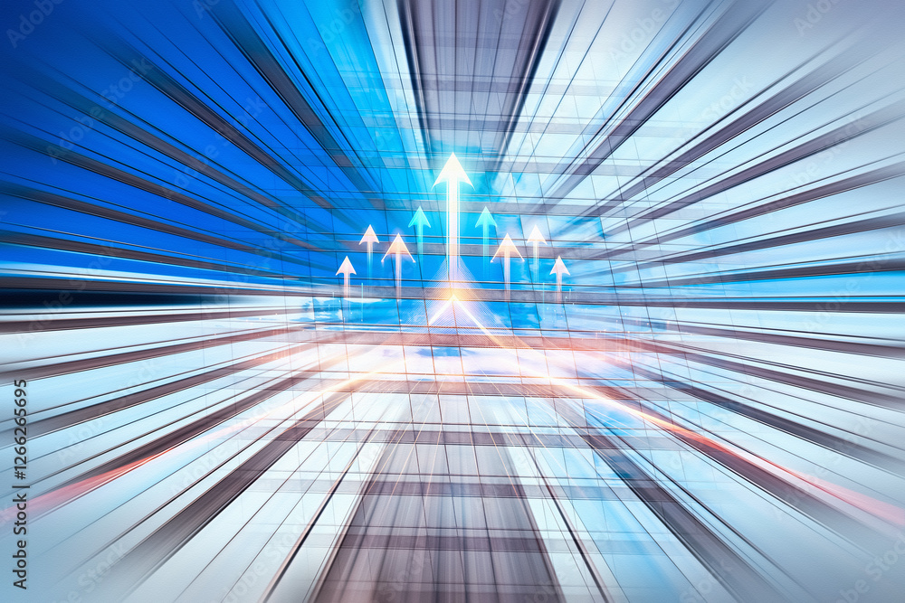 Poster Abstract business concept for Hong Kong market. Arrows point upwards through converging lines, suggesting growth and forward motion.