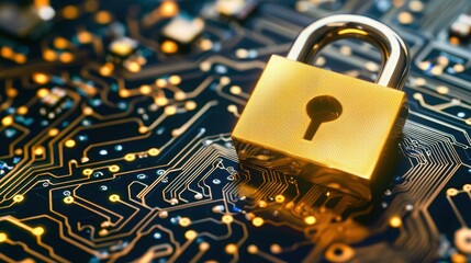 Close Up Of A Gold Electronic Lock On A Detailed Circuit Board With Complex Patterns