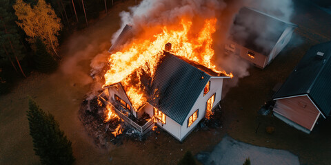 house engulfed in flames, smoke billowing in urban setting