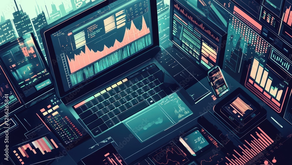 Poster digital devices, financial data, cityscape background, displaying charts & graphs, stock photo use