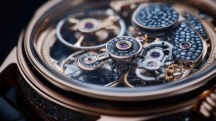 Intricate rose gold watch mechanism, detailed gears and sapphire jewels. Showcase luxury watchmaking artistry and precision engineering for advertising.