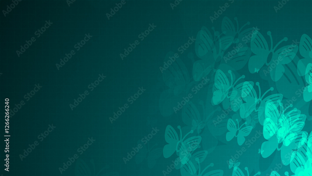 Poster blue butterfly symbol shapes are moving from the bottom right of a gradient grid abstract background