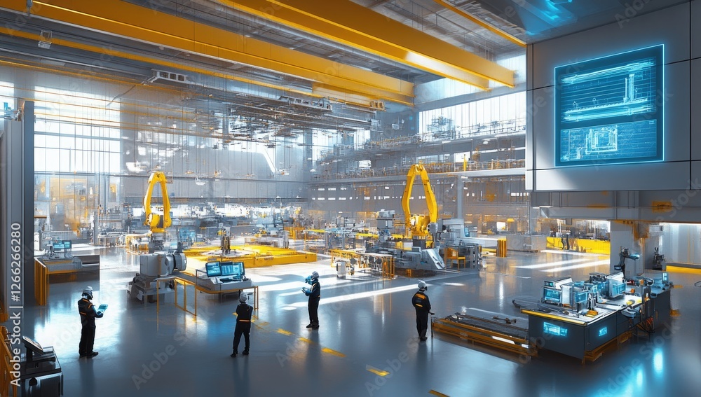 Poster Modern automated factory, workers monitoring robots, high-tech production line