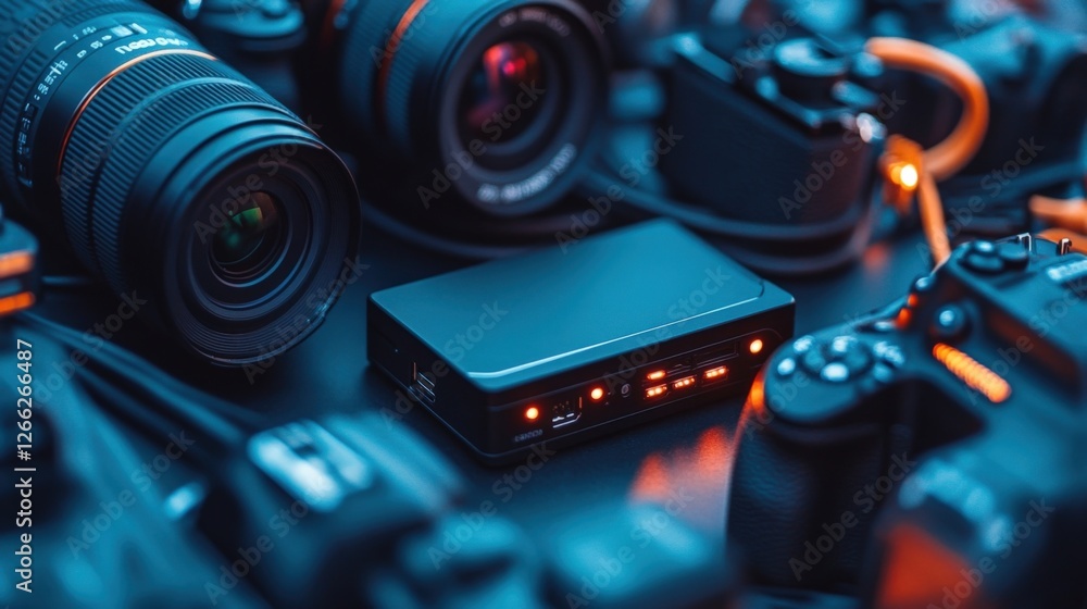 Poster professional video cameras and lenses charging and syncing with a power supply unit on a table, prep