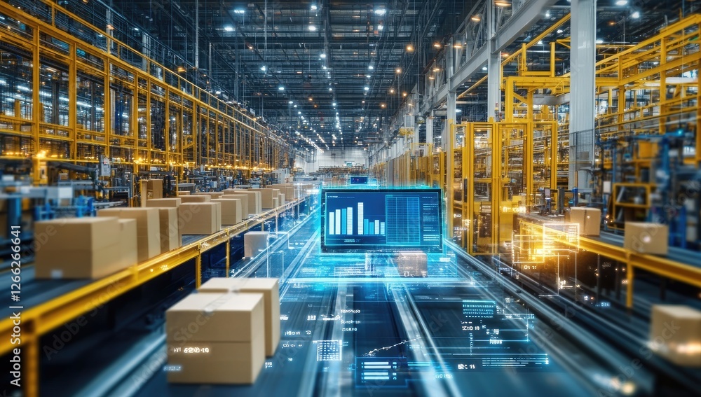 Poster automated warehouse, data analysis, factory, production line in motion