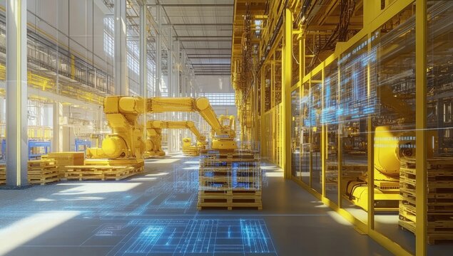 Automated factory floor with robotic arms, augmented reality overlay, bright industrial space - Powered by Adobe