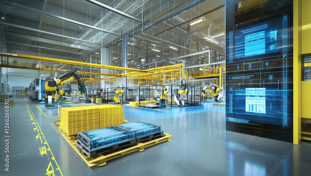 Poster automated factory assembly line with robots and digital display