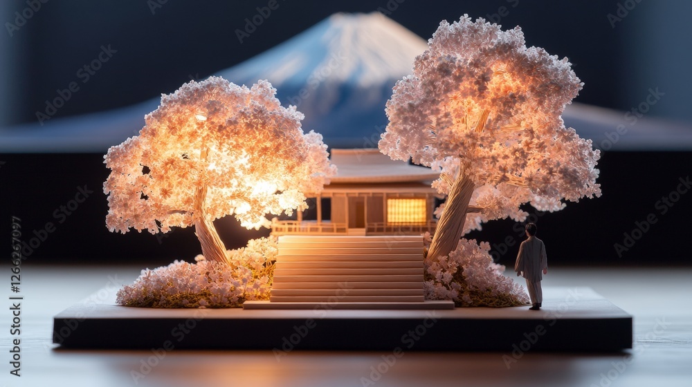 Poster miniature diorama of a house with a lighted tree and mount fuji in the background for decorative dis