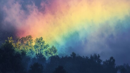 Vibrant Rainbow Arching Over Lush Green Forest with Misty Clouds in Breathtaking Natural Landscape