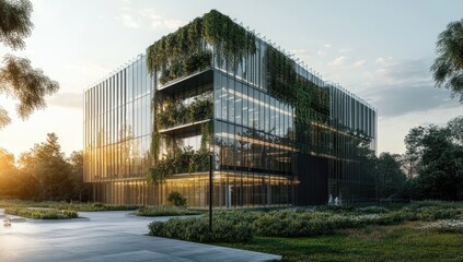 Obraz premium Modern office building with vertical garden at sunset