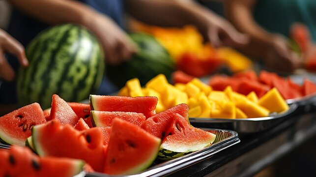 Freshly cut watermelon and assorted fruits displayed at a vibrant market stall during summer