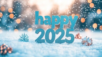 Snowy 2025 New Year greeting; winter bokeh