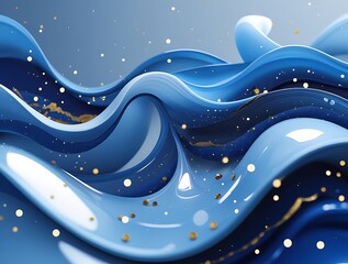 Elegant 3D abstract composition of smooth, flowing blue waves with soft golden highlights, capturing a dreamlike, futuristic, and fluid aesthetic with a sense of movement and depth

