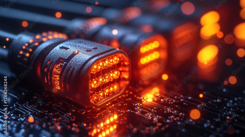 Poster glowing connection: close-up of high-tech cables interacting with a circuit board, radiating orange 
