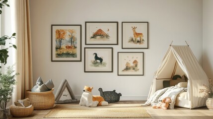 cozy childs room with play tent and animal artwork