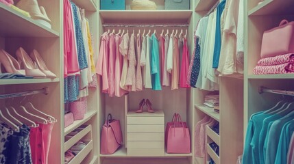 organized closet with pink and pastel clothing