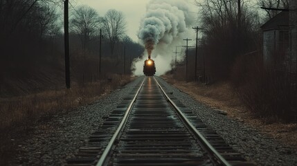 Fototapeta premium A steam train approaches on a misty railway, surrounded by a desolate landscape.