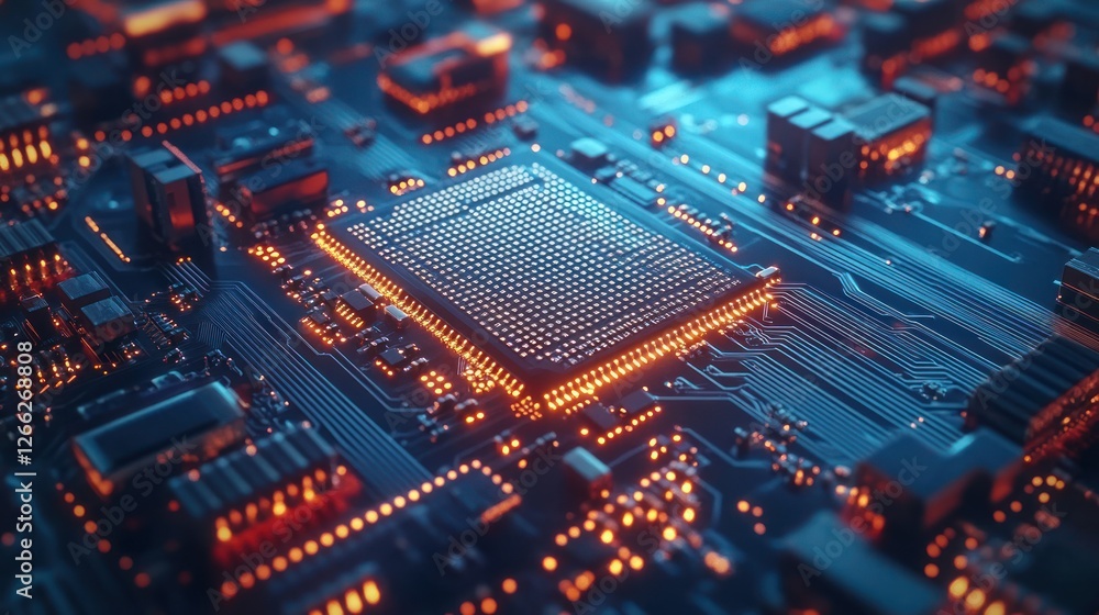 Poster illuminated cpu on circuit board, tech background