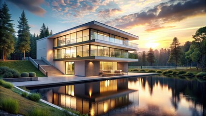 Modern Luxury Lakeside Residence at Sunset with Expansive Glass Walls and Private Deck