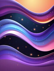 Abstract digital artwork featuring flowing, layered waves in vibrant purple, blue, and pink hues, illuminated by soft golden light, creating a futuristic and dynamic visual composition

