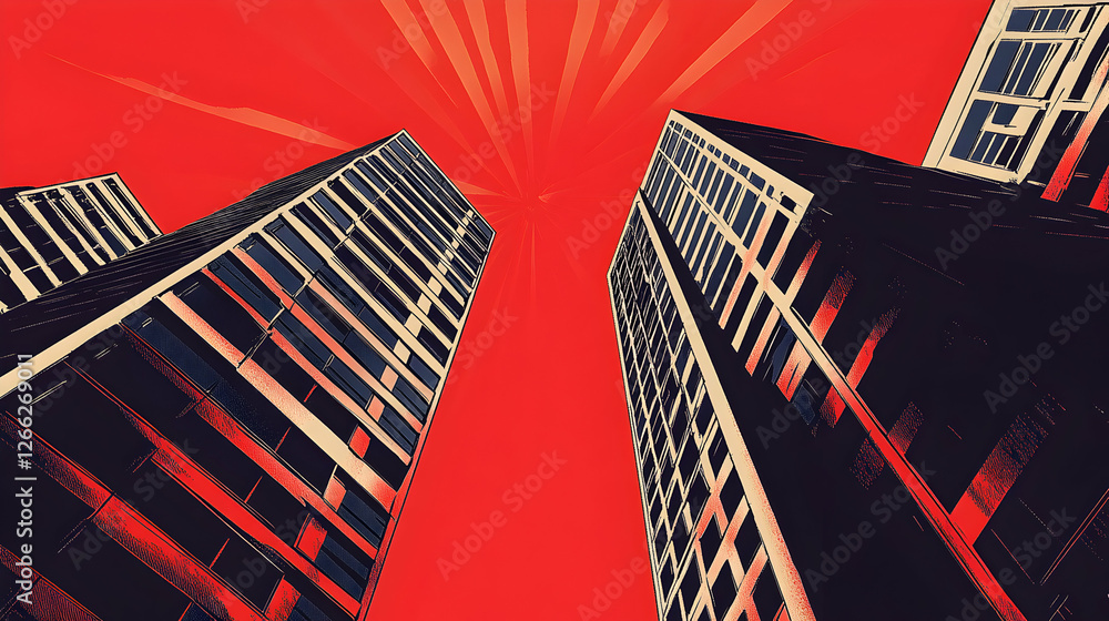 Poster striking low-angle view of two skyscrapers against a vibrant red sky, creating a dynamic and modern 