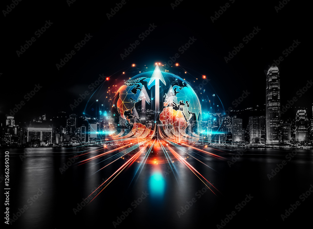 Fototapete Hong Kong skyline with a double exposure effect shows a globe and upward arrows, symbolizing growing concepts.
