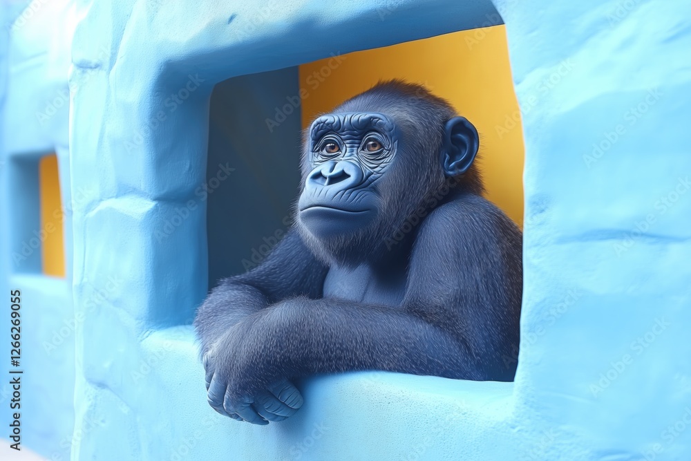 Poster a close-up of a gorilla resting its arms on a ledge, looking thoughtfully out of a window. the backg