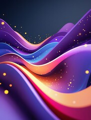 Abstract digital artwork featuring flowing, layered waves in vibrant purple, blue, and pink hues, illuminated by soft golden light, creating a futuristic and dynamic visual composition


