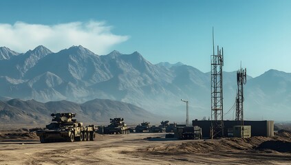 Military vehicles in desert mountain base, communication towers
