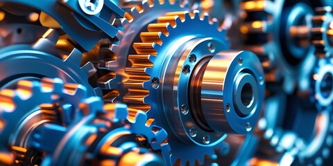 Close-up view of interconnected steel gears in an advanced mechanical system, representing industry, engineering, precision machinery, and automation in modern manufacturing environments

